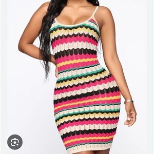 Fashion Nova Bora Bora Dress Small Knit Striped Zig Zag Bodycon Mini Sexy Beach